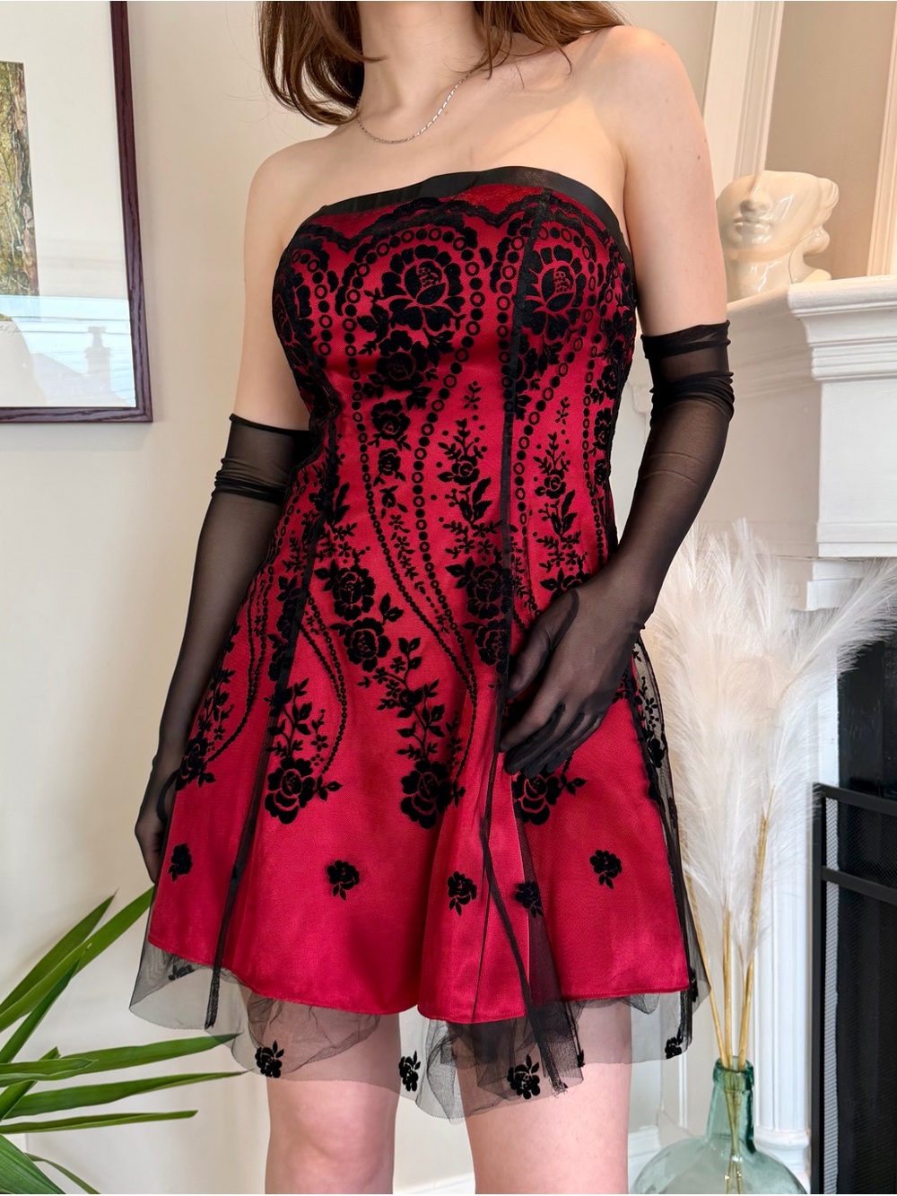 y2k red and black layered strapless prom dress size S